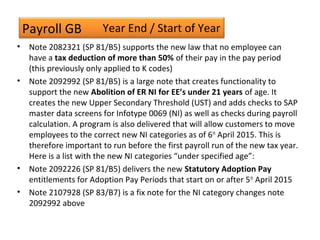 Payroll GB
• Note 2082321 (SP 81/B5) supports the new law that no employee can
have a tax deduction of more than 50% of their pay in the pay period
(this previously only applied to K codes)
• Note 2092992 (SP 81/B5) is a large note that creates functionality to
support the new Abolition of ER NI for EE’s under 21 years of age. It
creates the new Upper Secondary Threshold (UST) and adds checks to SAP
master data screens for Infotype 0069 (NI) as well as checks during payroll
calculation. A program is also delivered that will allow customers to move
employees to the correct new NI categories as of 6th
April 2015. This is
therefore important to run before the first payroll run of the new tax year.
Here is a list with the new NI categories “under specified age”:
• Note 2092226 (SP 81/B5) delivers the new Statutory Adoption Pay
entitlements for Adoption Pay Periods that start on or after 5th
April 2015
• Note 2107928 (SP 83/B7) is a fix note for the NI category changes note
2092992 above
Year End / Start of Year
 