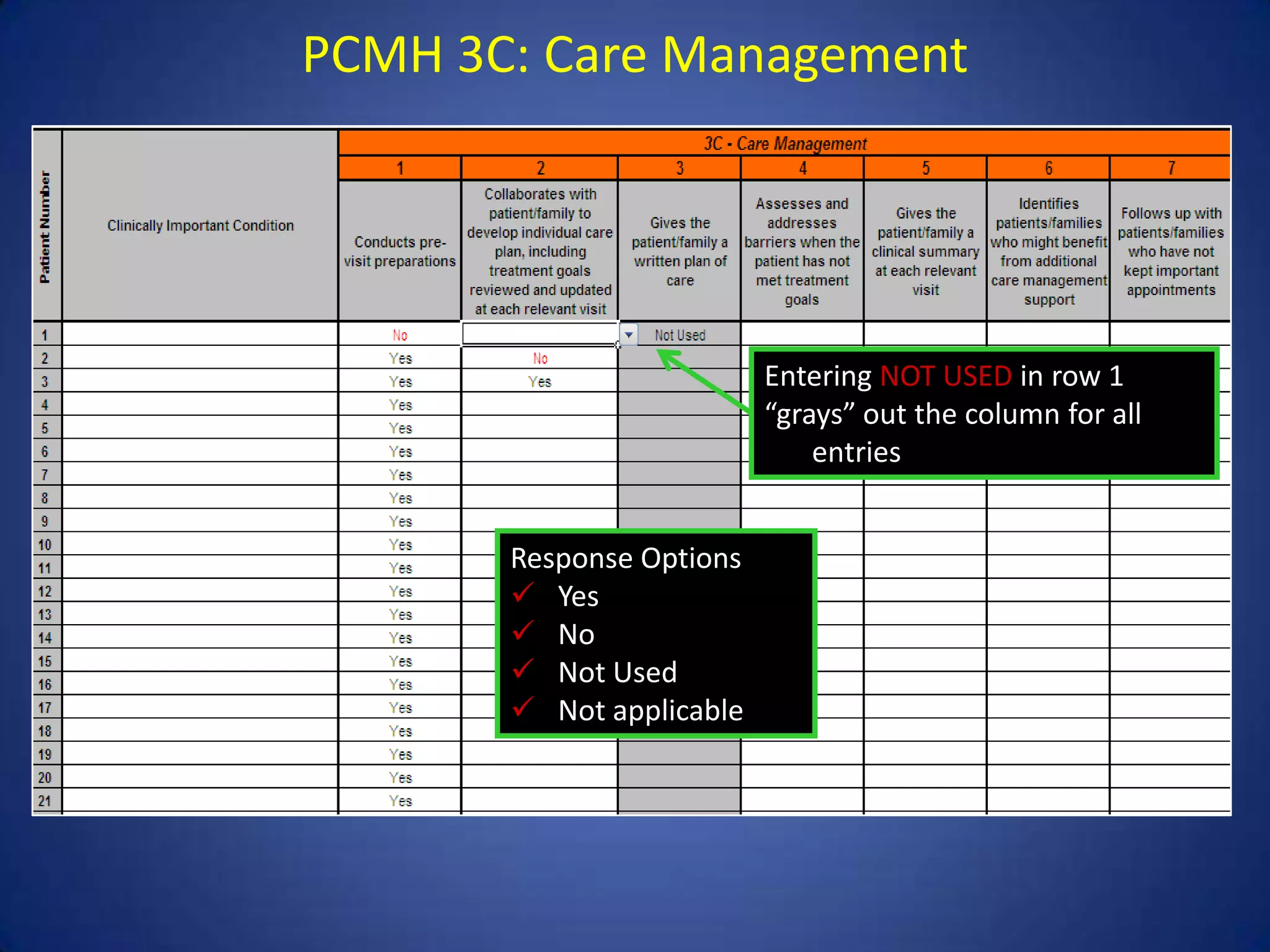 PCMH 3C: Care Management




                          Entering NOT USED in row 1
                          “grays” out the column for all
                              entries


       Response Options
        Yes
        No
        Not Used
        Not applicable
 