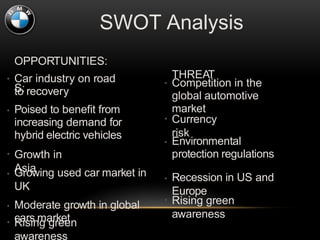 OPPORTUNITIES:
THREAT
S:
• Car industry on road
to recovery
• Poised to beneﬁt from
increasing demand for
hybrid electric vehicles
• Growth in
Asia• Growing used car market in
UK
• Moderate growth in global
cars market• Rising green
awareness
SWOT Analysis
• Competition in the
global automotive
market
• Currency
risk
• Environmental
protection regulations
• Recession in US and
Europe
• Rising green
awareness
 