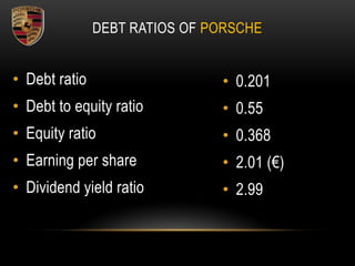 DEBT RATIOS OF PORSCHE
• Debt ratio
• Debt to equity ratio
• Equity ratio
• Earning per share
• Dividend yield ratio
• 0.201
• 0.55
• 0.368
• 2.01 (€)
• 2.99
 