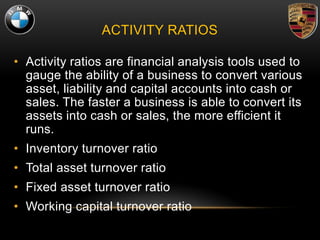 ACTIVITY RATIOS
• Activity ratios are financial analysis tools used to
gauge the ability of a business to convert various
asset, liability and capital accounts into cash or
sales. The faster a business is able to convert its
assets into cash or sales, the more efficient it
runs.
• Inventory turnover ratio
• Total asset turnover ratio
• Fixed asset turnover ratio
• Working capital turnover ratio
 