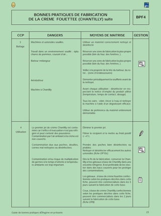 BONNES PRATIQUES DE FABRICATION
                                                                                                                             BPF4
                 DE LA CREME FOUETTEE (CHANTILLY) suite



     CCP                          DANGERS                                    MOYENS DE MAITRISE                             GESTION

       3          Machines et ustensiles souillés.                    Utiliser un matériel correctement nettoyé et
                                                                      désinfecté
    Battage

                  Travail dans un environnement souillé : éplu-       Réserver une zone de fabrication la plus propre
                  chures de pommes, courant d’air...                  possible (loin du four, des fenêtres..).

                  Batteur mélangeur                                   Réserver une zone de fabrication la plus propre
                                                                      possible (loin du four, des fenêtres..).

                                                                      Veiller à la propreté de la tête du batteur, du ro-
                                                                      tor... (zone d’éclaboussures)


                  Aérobatteur                                         Démonter périodiquement la soufflerie avant de
                                                                      la nettoyer.


                  Machine à Chantilly                                 Avant chaque utilisation : désinfecter en res-
                                                                      pectant la notice d’emploi du produit utilisé
                                                                      (température, temps de contact, dosage).

                                                                      Tous les soirs : vider, rincer à l’eau et nettoyer
                                                                      la machine à l’aide d’un dégraissant efficace.

                                                                      Utiliser de préférence du matériel entièrement
                                                                      démontable.




        4          Le premier jet de crème Chantilly est conta-       Éliminer le premier jet.
                   miné car l’orifice d’évacuation n’est pas réfri-
   Utilisation
                   géré et peut contenir des poussières.              Filmer le récipient et le mettre au froid positif
                   Contamination par l’air ambiant si la crème est    ≤ +4°c.
                   non couverte.

                   Contamination due aux poches, douilles,            Prendre des poches bien désinfectées ou
                   cornes mal nettoyées ou désinfectées.              jetables.
                                                                      Nettoyer et désinfecter efficacement les autres
                                                                      ustensiles (fiche OP10c).

                   Contamination et/ou risque de multiplication       Dès la fin de la fabrication, conserver la Chan-
                   de germes si le temps d’attente à températu-       tilly et les gâteaux à base de Chantilly dans une
                   re ambiante est trop important.                    enceinte réfrigérée. Il est préférable de les stoc-
                                                                      ker dans des bacs couverts pour les protéger
                                                                      des contaminations.

                                                                      Les gâteaux , à base de crème fouettée confec-
                                                                      tionnée selon les pratiques décrites dans cette
                                                                      fiche, peuvent être commercialisés dans les 5
                                                                      jours suivant la fabrication de cette base.

                                                                      Ceux, à base de crème Chantilly confectionnée
                                                                      selon les pratiques décrites dans cette fiche,
                                                                      peuvent être commercialisés dans les 2 jours
                                                                      suivant la fabrication de cette base.
                                                                      (fiche OP8).



Guide de bonnes pratiques dÕhygi‘ne en p›tisserie                                                                                   23
 