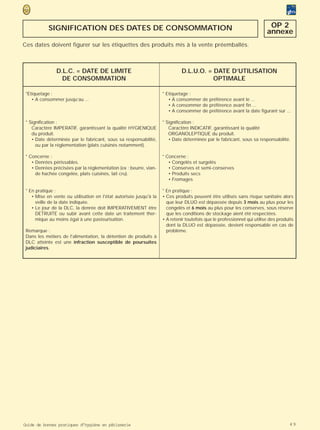 SIGNIFICATION DES DATES DE CONSOMMATION                                                                       OP 2
                                                                                                                         annexe
Ces dates doivent figurer sur les étiquettes des produits mis à la vente préemballés.



                D.L.C. = DATE DE LIMITE                                      D.L.U.O. = DATE D’UTILISATION
                  DE CONSOMMATION                                                       OPTIMALE

 *Etiquetage :                                                      * Etiquetage :
    • A consommer jusqu’au ...                                         • A consommer de préférence avant le ...
                                                                       • A consommer de préférence avant fin ...
                                                                       • A consommer de préférence avant la date figurant sur ...

 * Signification :                                                  * Signification :
    Caractère IMPERATIF, garantissant la qualité HYGIENIQUE            Caractère INDICATIF, garantissant la qualité
    du produit.                                                        ORGANOLEPTIQUE du produit.
    • Date déterminée par le fabricant, sous sa responsabilité,        • Date déterminée par le fabricant, sous sa responsabilité.
      ou par la réglementation (plats cuisinés notamment).

 * Concerne :                                                       * Concerne :
    • Denrées périssables.                                             • Congelés et surgelés
    • Denrées précisées par la réglementation (ex : beurre, vian-      • Conserves et semi-conserves
      de hachée congelée, plats cuisinés, lait cru).                   • Produits secs
                                                                       • Fromages

 * En pratique :                                                    * En pratique :
    • Mise en vente ou utilisation en l'état autorisée jusqu'à la   • Ces produits peuvent être utilisés sans risque sanitaire alors
      veille de la date indiquée.                                     que leur DLUO est dépassée depuis 3 mois au plus pour les
    • Le jour de la DLC, la denrée doit IMPERATIVEMENT être           congelés et 6 mois au plus pour les conserves, sous réserve
      DETRUITE ou subir avant cette date un traitement ther-          que les conditions de stockage aient été respectées.
      mique au moins égal à une pasteurisation.                     • A retenir toutefois que le professionnel qui utilise des produits
                                                                      dont la DLUO est dépassée, devient responsable en cas de
 Remarque :                                                           problème.
 Dans les métiers de l'alimentation, la détention de produits à
 DLC atteinte est une infraction susceptible de poursuites
 judiciaires.




Guide de bonnes pratiques d’hygiène en pâtisserie                                                                                    49
 