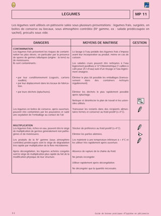 LEGUMES                                                                MP 11

Les légumes sont utilisés en pâtisserie salée sous plusieurs présentations : légumes frais, surgelés, en
boîtes de conserve ou bocaux, sous atmosphère contrôlée (IVe gamme, ex : salade prédécoupée en
sachet), précuits sous vide.


                     DANGERS                                           MOYENS DE MAITRISE                               GESTION
 CONTAMINATION
 Les légumes frais présentent les risques de contami-        Le lavage à l'eau potable des légumes frais s'impose
 nation les plus élevés, en particulier par la présence      avant leur incorporation au produit, même en cas de
 de spores de germes telluriques (origine : la terre) ou     cuisson.
 de moisissures.
 Ils sont contaminants :                                     Les salades crues peuvent être nettoyées à l'eau
                                                             légèrement javellisée à 12°Chlorométrique (1 cuillère à
                                                             café pour 25 l d'eau) suivi d'un rinçage à l'eau légère-
                                                             ment vinaigrée.

     • par leur conditionnement (cageots, cartons            Éliminer le plus tôt possible les emballages (transva-
       souillés),                                            sement       dans     des      containers    nettoyés
     • par leur déplacement dans les locaux de fabrica-      régulièrement).
       tion,

     • par leurs déchets (épluchures).                       Éliminer les déchets le plus rapidement possible
                                                             après épluchage.

                                                             Nettoyer et désinfecter le plan de travail et les usten-
                                                             siles utilisés.

 Les légumes en boîtes de conserve, après ouverture,         Transvaser les restants dans des récipients alimen-
 peuvent être contaminés par les poussières et subir         taires fermés et conserver au froid positif (≤+4°C).
 une oxydation de l'emballage au contact de l'air.



 MULTIPLICATION
 Les légumes frais, riches en eau, peuvent être le siège     Stocker de préférence au froid positif (≤+4°C).
 de multiplication de germes généralement non patho-
 gènes et de moisissures.                                    Eliminer les parties abîmées.
                                                                                                                          >
                                                                                                                          •
                                                                                                                          (
 Les produits de la IVe gamme (sous atmosphère               Les maintenir à une température inférieure à + 4°C et
 contrôlée) prédécoupés sont le siège de dégradation         les utiliser très rapidement après ouverture.
 très rapide par multiplication de la flore microbienne.

 Après décongélation, les légumes achetés congelés           Absence de rupture de la chaîne du froid.
 sont le siège de multiplication plus rapide du fait de la
 modification physique de leur structure.                    Ne jamais recongeler.

                                                             Utiliser rapidement après décongélation.

                                                             Ne décongeler que la quantité nécessaire.




86                                                                                 Guide de bonnes pratiques d’hygiène en pâtisserie
 
