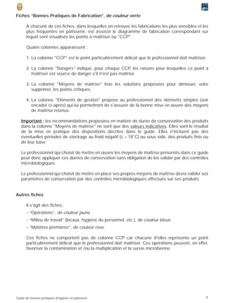 Fiches “Bonnes Pratiques de Fabrication”, de couleur verte

      A chacune de ces fiches, dans lesquelles on retrouve les fabrications les plus sensibles et les
      plus fréquentes en pâtisserie, est associé le diagramme de fabrication correspondant sur
      lequel sont visualisés les points à maîtriser ou "CCP".

      Quatre colonnes apparaissent :

      1. La colonne "CCP" est le point particulièrement délicat que le professionnel doit maîtriser.

      2. La colonne "Dangers" indique, pour chaque CCP, les raisons pour lesquelles ce point à
         maîtriser est source de danger s'il n'est pas maîtrisé.

      3. La colonne "Moyens de maîtrise" liste les solutions proposées pour diminuer, voire
         supprimer, les points critiques.

      4. La colonne "Eléments de gestion" propose au professionnel des éléments simples (voir
         encadré ci-après) qui lui permettront de s'assurer de la bonne mise en œuvre des moyens
         de maîtrise retenus.

   Important : les recommandations proposées en matière de durée de conservation des produits
   dans la colonne "Moyens de maîtrise" ne sont que des valeurs indicatives. Elles sont le résultat
   de la mise en pratique des dispositions décrites dans le guide. Elles n'incluent pas des
   éventuelles périodes de stockage au froid négatif (≤ – 18°C) ou sous vide, des produits finis ou
   de leur base.

   Le professionnel qui choisit de mettre en œuvre les moyens de maîtrise présentés dans ce guide
   peut donc appliquer ces durées de conservation sans obligation de les valider par des contrôles
   microbiologiques.

   Le professionnel qui choisit de mettre en place ses propres moyens de maîtrise devra valider ses
   paramètres de conservation par des contrôles microbiologiques effectués sur ses produits.


Autres fiches

      Il s'agit des fiches :
      - “Opérations”, de couleur jaune
      - “Milieu de travail” (locaux, hygiène du personnel, etc.), de couleur bleue
      - “Matières premières”, de couleur rose.

      Ces fiches ne comportent pas de colonne CCP car chacune d'elles représente un point
      particulièrement délicat que le professionnel doit maîtriser. Ces opérations peuvent, en effet,
      favoriser la contamination et /ou la multiplication et la survie microbienne.




Guide de bonnes pratiques d’hygiène en pâtisserie                                                      9
 
