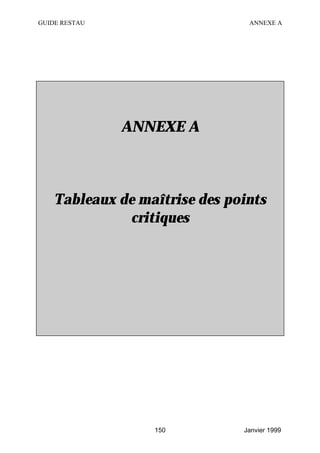 GUIDE RESTAU                    ANNEXE A




               ANNEXE A



    Tableaux de maîtrise des points
              critiques




                  150          Janvier 1999
 