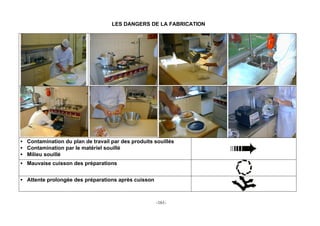 LES DANGERS DE LA FABRICATION




• Contamination du plan de travail par des produits souillés
• Contamination par le matériel souillé
• Milieu souillé
• Mauvaise cuisson des préparations


• Attente prolongée des préparations après cuisson



                                                     -161-
 