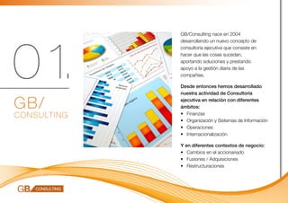 GB/Consulting nace en 2004




01.
                 desarrollando un nuevo concepto de
                 consultoría ejecutiva que consiste en
                 hacer que las cosas sucedan,
                 aportando soluciones y prestando
                 apoyo a la gestión diaria de las
                 compañías.

                 Desde entonces hemos desarrollado
                 nuestra actividad de Consultoría 		

GB/              ejecutiva en relación con diferentes
                 ámbitos:
CONS U LTI N G   •	 Finanzas
                 •	 Organización y Sistemas de Información
                 •	 Operaciones
                 •	 Internacionalización

                 Y en diferentes contextos de negocio:
                 •	 Cambios en el accionariado
                 •	 Fusiones / Adquisiciones
                 •	 Restructuraciones
 
