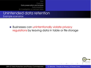 Plan
                                          Overview
                    Data preservation and analysis
                                    Data revelation
                  An Investigation on remnant data


Unintended data retention
Example scenarios



          Businesses can unintentionally violate privacy
          regulations by leaving data in table or ﬁle storage




  34th IC Data Protection and Privacy Commissioners   G. Betarte - Threats to Privacy of Stored Data
 