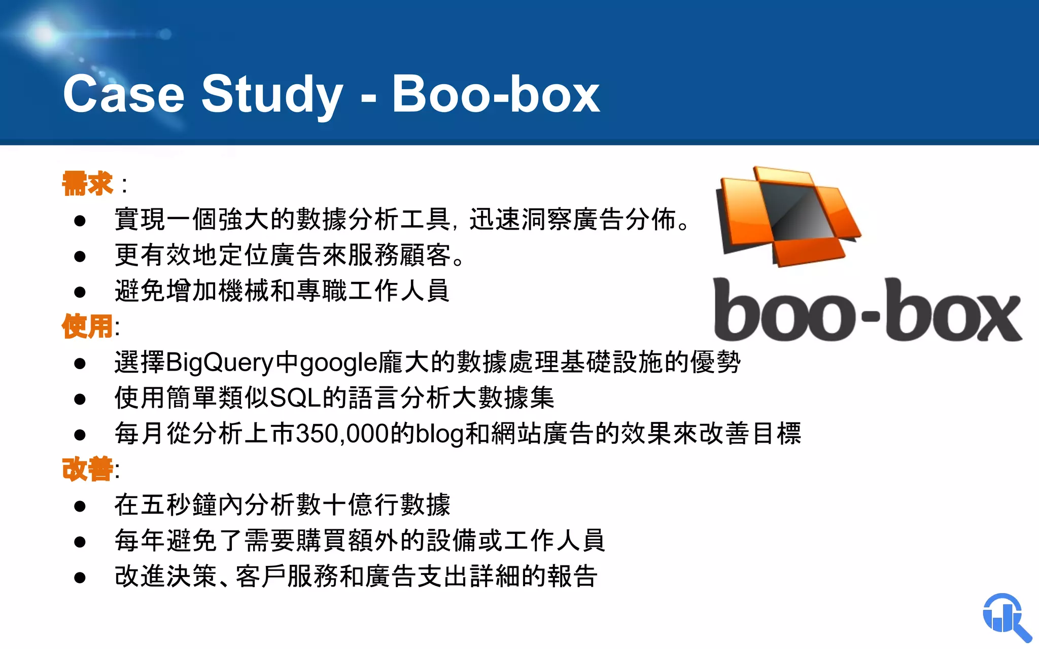 Case Study - Boo-box
需求 :
● 實現一個強大的數據分析工具，迅速洞察廣告分佈。
● 更有效地定位廣告來服務顧客。
● 避免增加機械和專職工作人員
使用:
● 選擇BigQuery中google龐大的數據處理基礎設施的優勢
● 使用簡單類似SQL的語言分析大數據集
● 每月從分析上市350,000的blog和網站廣告的效果來改善目標
改善:
● 在五秒鐘內分析數十億行數據
● 每年避免了需要購買額外的設備或工作人員
● 改進決策、客戶服務和廣告支出詳細的報告

 