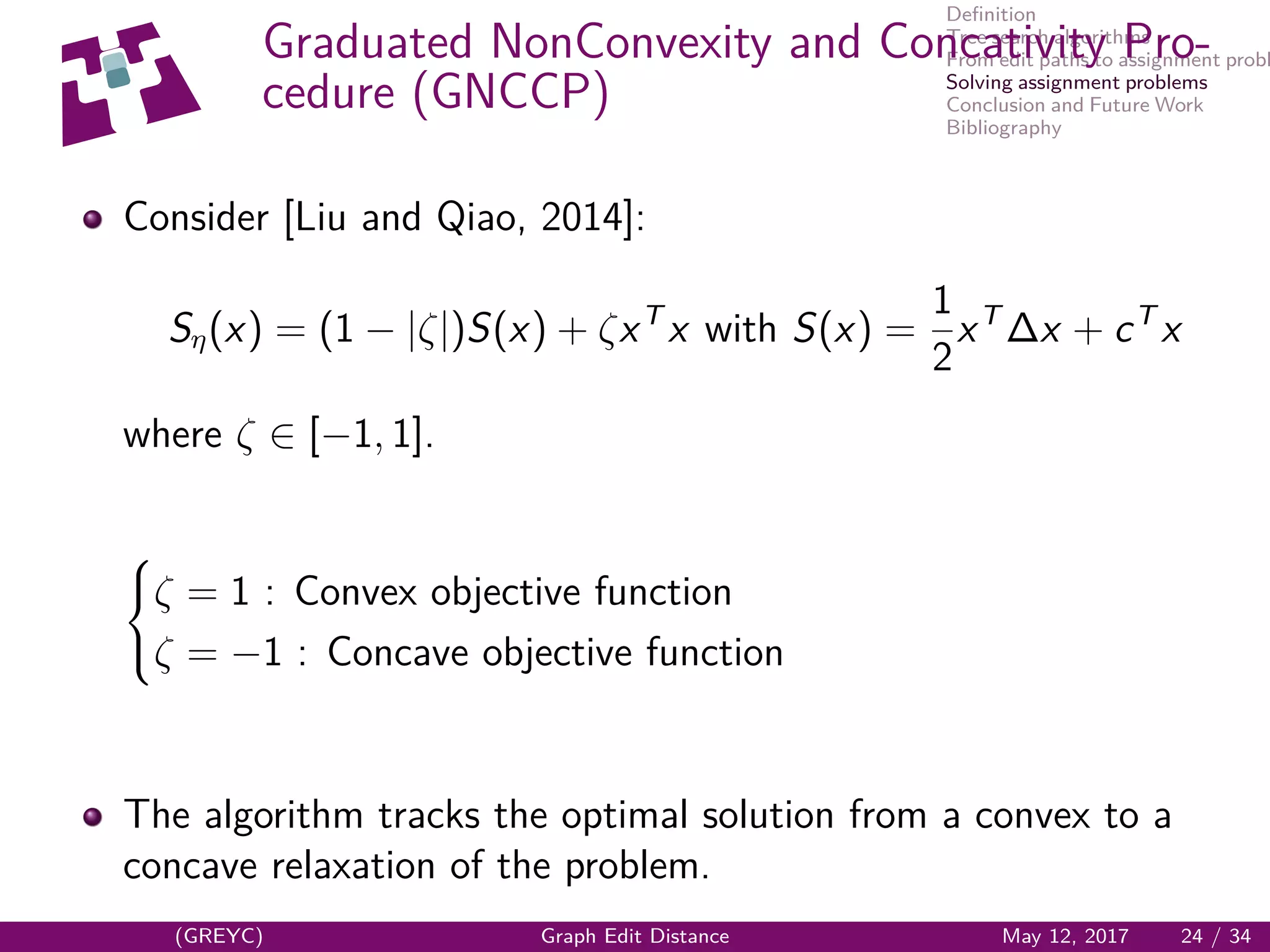 Deﬁnition
Tree search algorithms
From edit paths to assignment probl
Solving assignment problems
Conclusion and Future Work
Bibliography
Graduated NonConvexity and Concativity Pro-
cedure (GNCCP)
Consider [Liu and Qiao, 2014]:
Sη(x) = (1 − |ζ|)S(x) + ζxT
x with S(x) =
1
2
xT
∆x + cT
x
where ζ ∈ [−1, 1].



ζ = 1 : Convex objective function
ζ = −1 : Concave objective function
The algorithm tracks the optimal solution from a convex to a
concave relaxation of the problem.
(GREYC) Graph Edit Distance May 12, 2017 24 / 34
 