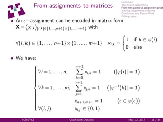 Deﬁnition
Tree search algorithms
From edit paths to assignment probl
Solving assignment problems
Conclusion and Future Work
Bibliography
From assignments to matrices
An −assignment can be encoded in matrix form:
X = (xi,k)(i,k)∈{1,...,n+1}×{1,...,m+1} with
∀(i, k) ∈ {1, . . . , n+1}×{1, . . . , m+1} xi,k =



1 if k ∈ ϕ(i)
0 else
We have:



∀i = 1, . . . , n,
m+1
k=1
xi,k = 1 (|ϕ(i)| = 1)
∀k = 1, . . . , m,
n+1
j=1
xj,k = 1 (|ϕ−1
(k)| = 1)
xn+1,m+1 = 1 ( ∈ ϕ( ))
∀(i, j) xi,j ∈ {0, 1}
(GREYC) Graph Edit Distance May 12, 2017 11 / 34
 