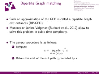 Deﬁnition
Tree search algorithms
From edit paths to assignment probl
Solving assignment problems
Conclusion and Future Work
Bibliography
Bipartite Graph matching
Such an approximation of the GED is called a bipartite Graph
edit distances (BP-GED).
Munkres or Jonker-Volgenant[Burkard et al., 2012] allow to
solve this problem in cubic time complexity.
The general procedure is as follows:
1 compute:
x = arg min
x∈vec(An,m)
cT
x
2 Return the cost of the edit path γx encoded by x.
(GREYC) Graph Edit Distance May 12, 2017 17 / 34
 