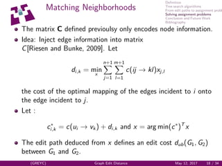 Deﬁnition
Tree search algorithms
From edit paths to assignment probl
Solving assignment problems
Conclusion and Future Work
Bibliography
Matching Neighborhoods
The matrix C deﬁned previoulsy only encodes node information.
Idea: Inject edge information into matrix
C[Riesen and Bunke, 2009]. Let
di,k = minx
n+1
j=1
m+1
l=1
c(ij → kl)xj,l
the cost of the optimal mapping of the edges incident to i onto
the edge incident to j.
Let :
c∗
i,k = c(ui → vk) + di,k and x = arg min(c∗
)T
x
The edit path deduced from x deﬁnes an edit cost dub(G1, G2)
between G1 and G2.
(GREYC) Graph Edit Distance May 12, 2017 18 / 34
 
