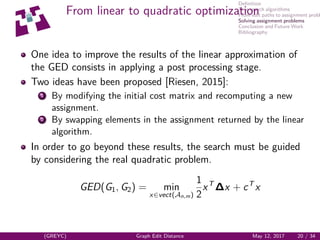 Deﬁnition
Tree search algorithms
From edit paths to assignment probl
Solving assignment problems
Conclusion and Future Work
Bibliography
From linear to quadratic optimization
One idea to improve the results of the linear approximation of
the GED consists in applying a post processing stage.
Two ideas have been proposed [Riesen, 2015]:
1 By modifying the initial cost matrix and recomputing a new
assignment.
2 By swapping elements in the assignment returned by the linear
algorithm.
In order to go beyond these results, the search must be guided
by considering the real quadratic problem.
GED(G1, G2) = min
x∈vect(An,m)
1
2
xT
∆x + cT
x
(GREYC) Graph Edit Distance May 12, 2017 20 / 34
 