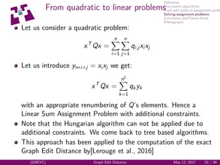 Deﬁnition
Tree search algorithms
From edit paths to assignment probl
Solving assignment problems
Conclusion and Future Work
Bibliography
From quadratic to linear problems
Let us consider a quadratic problem:
xT
Qx =
n
i=1
n
j=1
qi,jxi xj
Let us introduce yn∗i+j = xi xj we get:
xT
Qx =
n2
k=1
qkyk
with an appropriate renumbering of Q’s elements. Hence a
Linear Sum Assignment Problem with additional constraints.
Note that the Hungarian algorithm can not be applied due to
additional constraints. We come back to tree based algorithms.
This approach has been applied to the computation of the exact
Graph Edit Distance by[Lerouge et al., 2016]
(GREYC) Graph Edit Distance May 12, 2017 22 / 34
 