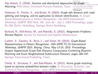 Deﬁnition
Tree search algorithms
From edit paths to assignment probl
Solving assignment problems
Conclusion and Future Work
Bibliography
Abu-Aisheh, Z. (2016). Anytime and distributed Approaches for Graph
Matching. PhD thesis, Universit´e Franc¸ois Rabelais, Tours.
Ambauen, R., Fischer, S., and Bunke, H. (2003). Graph edit distance with node
splitting and merging, and its application to diatom identiﬁcation. In Graph
Based Representations in Pattern Recognition: 4th IAPR International
Workshop, GbRPR 2003 York, UK, June 30 – July 2, 2003 Proceedings, pages
95–106, Berlin, Heidelberg. Springer Berlin Heidelberg.
Burkard, R., Dell’Amico, M., and Martello, S. (2012). Assignment Problems:
Revised Reprint. Society for Industrial and Applied Mathematics.
Carletti, V., Ga¨uz`ere, B., Brun, L., and Vento, M. (2015). Graph-Based
Representations in Pattern Recognition: 10th IAPR-TC-15 International
Workshop, GbRPR 2015, Beijing, China, May 13-15, 2015. Proceedings,
chapter Approximate Graph Edit Distance Computation Combining Bipartite
Matching and Exact Neighborhood Substructure Distance, pages 188–197.
Springer International Publishing, Cham.
Cort´es, X., Serratosa, F., and Sol´e-Ribalta, A. (2012). Active graph matching
based on pairwise probabilities between nodes. In Structural, Syntactic, and
Statistical Pattern Recognition - Joint IAPR International Workshop,
(GREYC) Graph Edit Distance May 12, 2017 34 / 34
 