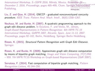 Deﬁnition
Tree search algorithms
From edit paths to assignment probl
Solving assignment problems
Conclusion and Future Work
Bibliography
International Workshop, S+SSPR 2016, M´erida, Mexico, November 29 -
December 2, 2016, Proceedings, pages 485–495, Cham. Springer International
Publishing.
Liu, Z. and Qiao, H. (2014). GNCCP - graduated nonconvexityand concavity
procedure. IEEE Trans. Pattern Anal. Mach. Intell., 36(6):1258–1267.
Neuhaus, M. and Bunke, H. (2007). A quadratic programming approach to the
graph edit distance problem. In Escolano, F. and Vento, M., editors,
Graph-Based Representations in Pattern Recognition: 6th IAPR-TC-15
International Workshop, GbRPR 2007, Alicante, Spain, June 11-13, 2007.
Proceedings, pages 92–102, Berlin, Heidelberg. Springer Berlin Heidelberg.
Riesen, K. (2015). Structural Pattern Recognition with Graph Edit Distance.
Springer.
Riesen, K. and Bunke, H. (2009). Approximate graph edit distance computation
by means of bipartite graph matching. Image and Vision Computing, 27(7):950
– 959. 7th IAPR-TC15 Workshop on Graph-based Representations (GbR 2007).
Serratosa, F. (2014). Fast computation of bipartite graph matching. Pattern
Recognition Letters, 45:244–250.
(GREYC) Graph Edit Distance May 12, 2017 34 / 34
 