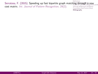 Deﬁnition
Tree search algorithms
From edit paths to assignment probl
Solving assignment problems
Conclusion and Future Work
Bibliography
Serratosa, F. (2015). Speeding up fast bipartite graph matching through a new
cost matrix. Int. Journal of Pattern Recognition, 29(2).
(GREYC) Graph Edit Distance May 12, 2017 34 / 34
 