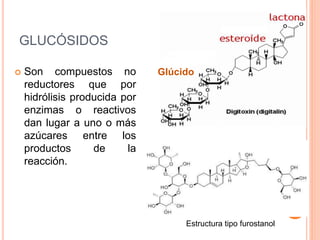 GLUCÓSIDOS
 Son compuestos no
reductores que por
hidrólisis producida por
enzimas o reactivos
dan lugar a uno o más
azúcares entre los
productos de la
reacción.
Estructura tipo furostanol
Glúcido
 