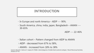 INTRODUCTION
• In Europe and north America – AIDP --- 90%.
• South America, china, india, japan, Bangladesh – AMAN ---
30-65%
AIDP --- 22-46%
• Italian cohort – Pattern changed from AIDP to AMAN
AIDP - decreased from 67% to 58%,
AMAN - increased from 18% to 38%
Uncini A, Manzoli C, Notturno F, Capasso M. Pitfalls in electrodiagnosis of Guillain-Barré syndrome subtypes. J Neurol Neurosurg Psychiatry
2010;81:1157-63.
 