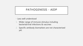 PATHOGENESIS - AIDP
• Less well understood
1. Wider range of immune stimulus including
bacterial/viral infections & vaccines
2. Specific antibody biomarkers are not characterised
yet.
 