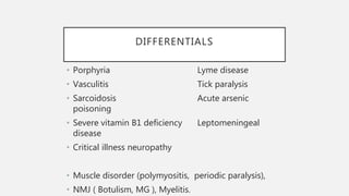 DIFFERENTIALS
• Porphyria Lyme disease
• Vasculitis Tick paralysis
• Sarcoidosis Acute arsenic
poisoning
• Severe vitamin B1 deficiency Leptomeningeal
disease
• Critical illness neuropathy
• Muscle disorder (polymyositis, periodic paralysis),
• NMJ ( Botulism, MG ), Myelitis.
 