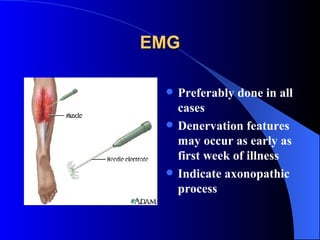 Preferably done in all cases Denervation features may occur as early as first week of illness Indicate axonopathic process EMG 