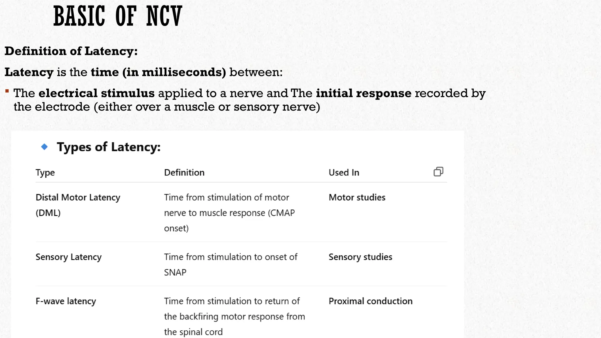BASIC OF NCV
Definition of Latency:
Latency is the time (in milliseconds) between:
 The electrical stimulus applied to a nerve and The initial response recorded by
the electrode (either over a muscle or sensory nerve)
 