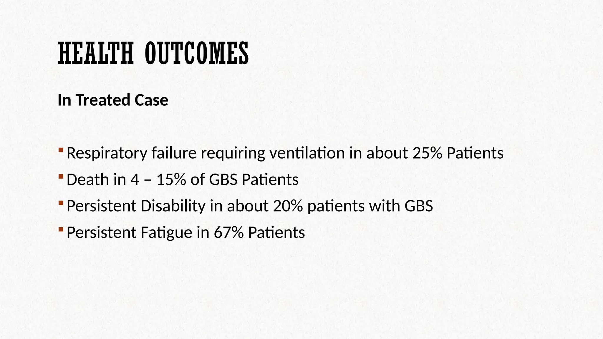 HEALTH OUTCOMES
In Treated Case
Respiratory failure requiring ventilation in about 25% Patients
Death in 4 – 15% of GBS Patients
Persistent Disability in about 20% patients with GBS
Persistent Fatigue in 67% Patients
 