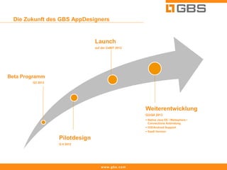 Die Zukunft des GBS AppDesigners


                                Launch
                                auf der CeBIT 2013




Beta Programm
        Q3 2012




                                                     Weiterentwicklung
                                                     Q3/Q4 2013
                                                      Native Java EE / Websphere /
                                                       Connections Anbindung
                                                      iOS/Android Support
                                                      SaaS Version

                  Pilotdesign
                  Q 4 2012




                                    www.gbs.com
 