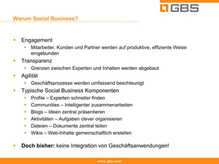 Warum Social Business?


   Engagement
      Mitarbeiter, Kunden und Partner werden auf produktive, effiziente Weise
       eingebunden
   Transparenz
      Grenzen zwischen Experten und Inhalten werden abgebaut
   Agilität
      Geschäftsprozesse werden umfassend beschleunigt
   Typische Social Business Komponenten
        Profile – Experten schneller finden
        Communities – Intelligenter zusammenarbeiten
        Blogs – Ideen zentral präsentieren
        Aktivitäten – Aufgaben clever organisieren
        Dateien – Dokumente zentral teilen
        Wikis – Web-Inhalte gemeinschaftlich erstellen

   Doch bisher: keine Integration von Geschäftsanwendungen!

                                       www.gbs.com
 