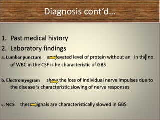 Diagnosis cont’d…
1. Past medical history
2. Laboratory findings
a. Lumbar puncture an elevated level of protein without an in the no.
of WBC in the CSF is he characteristic of GBS
b. Electromyogram show the loss of individual nerve impulses due to
the disease ‘s characteristic slowing of nerve responses
c. NCS these signals are characteristically slowed in GBS
1/30/2015 33
 
