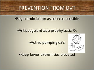 PREVENTION FROM DVT
•Begin ambulation as soon as possible
•Anticoagulant as a prophylactic Rx
•Active pumping ex’s
•Keep lower extremities elevated
 