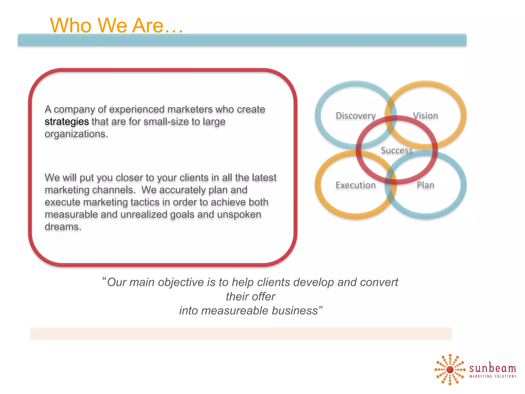 Who We Are…


A company of experienced marketers who create
                                                             Discovery             Vision
strategies that are for small-size to large
organizations.
                                                                         Success

We will put you closer to your clients in all the latest
marketing channels. We accurately plan and                   Execution             Plan
execute marketing tactics in order to achieve both
measurable and unrealized goals and unspoken
dreams.




             “Our main objective is to help clients develop and convert
                                        their offer
                                into measureable business”
 
