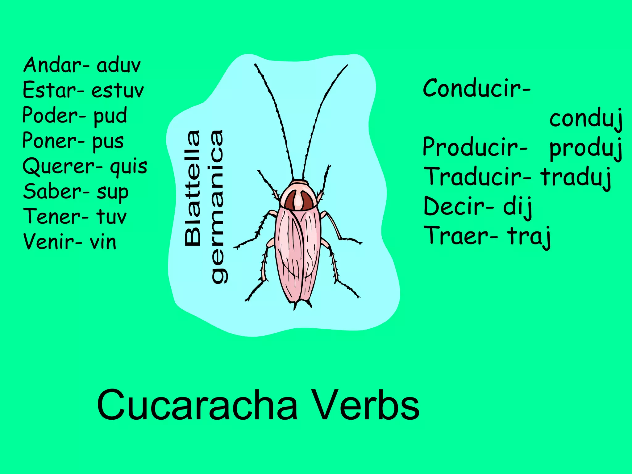 Andar- aduv
Estar- estuv             Conducir-
Poder- pud                          conduj
Poner- pus               Producir- produj
Querer- quis
                         Traducir- traduj
Saber- sup
Tener- tuv               Decir- dij
Venir- vin               Traer- traj




       Cucaracha Verbs
 