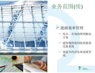 业务范围(续)


能源效率管理
 – 综合、有效的照明解决
  方案
 – 建筑物的热回收和能量
  交换系统
 – 效能节约评估和基准管
  理。
 