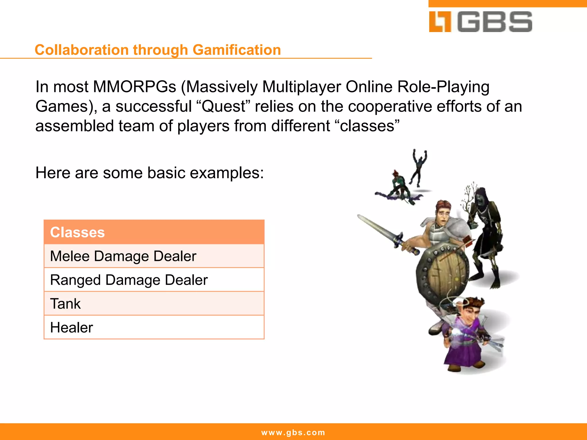 www.gbs.com
Collaboration through Gamification
In most MMORPGs (Massively Multiplayer Online Role-Playing
Games), a successful “Quest” relies on the cooperative efforts of an
assembled team of players from different “classes”
Here are some basic examples:
Classes
Melee Damage Dealer
Ranged Damage Dealer
Tank
Healer
 