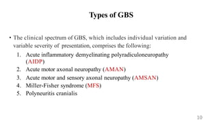 Types of GBS
• The clinical spectrum of GBS, which includes individual variation and
variable severity of presentation, comprises the following:
1. Acute inflammatory demyelinating polyradiculoneuropathy
(AIDP)
2. Acute motor axonal neuropathy (AMAN)
3. Acute motor and sensory axonal neuropathy (AMSAN)
4. Miller-Fisher syndrome (MFS)
5. Polyneuritis cranialis
10
 