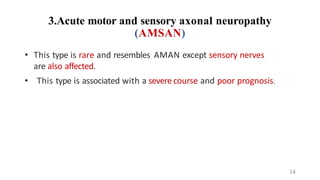 3.Acute motor and sensory axonal neuropathy
(AMSAN)
• This type is rare and resembles AMAN except sensory nerves
are also affected.
• This type is associated with a severecourse and poor prognosis.
14
 