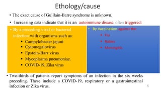 Ethology/cause
• The exact cause of Guillain-Barre syndrome is unknown.
• Increasing data indicate that it is an autoimmune disease, often triggered:
5
• By Vaccination against the:
 Flu
 Rabies
 Meningitis
• By a preceding viral or bacterial
infection with organisms such as:
 Campylobacter jejuni
 Cytomegalovirus
 Epstein-Barr virus
 Mycoplasma pneumoniae.
 COVID-19, Zika virus
• Two-thirds of patients report symptoms of an infection in the six weeks
preceding. These include a COVID-19, respiratory or a gastrointestinal
infection or Zika virus.
 