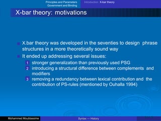 Principles and Parameters
Government and Binding
Introduction X-bar theory
X-bar theory: motivations
X.bar theory was developed in the seventies to design phrase
structures in a more theoretically sound way
It ended up addressing several issues:
1 stronger generalization than previously used PSG
2 introducing a structural difference between complements and
modifiers
3 removing a redundancy between lexical contribution and the
contribution of PS-rules (mentioned by Ouhalla 1994)
24 / 42
Syntax — History
Mohammed Moubtassime
 