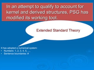 In an attempt to qualify to account for
kernel and derived structures, PSG has
modified its working tool.
It has adopted a numerical system:
• Numbers: 1, 2, 3, 4, 5, ....
• Sentence boundaries: #
Extended Standard Theory
 