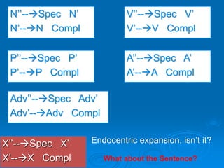 N’’--Spec N’
N’--N Compl
V’’--Spec V’
V’--V Compl
P’’--Spec P’
P’--P Compl
A’’--Spec A’
A’--A Compl
Adv’’--Spec Adv’
Adv’--Adv Compl
X’’--Spec X’
X’--X Compl
Endocentric expansion, isn’t it?
What about the Sentence?
 