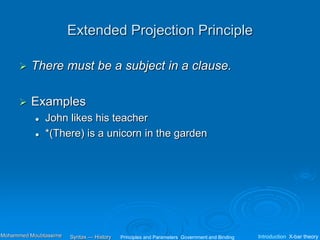 Extended Projection Principle
 There must be a subject in a clause.
 Examples
 John likes his teacher
 *(There) is a unicorn in the garden
Principles and Parameters Government and Binding Introduction X-bar theory
Syntax — History
Mohammed Moubtassime
 