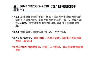 三、GB/T 12706.2-2020（与.1相同变化的不
再列出）
17.5.3 对非金属护套的要求，增加“采用与外护套紧密粘结的
挤包外半导电层时，其厚度作为外护套的一部分，厚度不超
过0.3mm，包含外半导电层的护套应满足所有机械性能要
求；”
18.2.4 弯曲试验，圆柱体直径由5%→不大于5%
18.2.6 tanδ测量，电压由U0 →不低于2kV，XLPE的要求由最
大80 →最大40
19.25与19.26为新增要求，注意，与.1相同，但与2008版是新增
要求
 