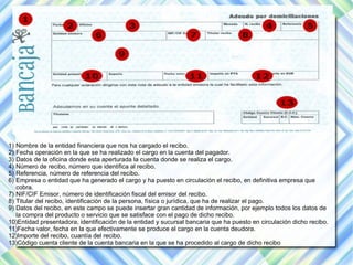 1) Nombre de la entidad financiera que nos ha cargado el recibo. 
2) Fecha operación en la que se ha realizado el cargo en la cuenta del pagador. 
3) Datos de la oficina donde esta aperturada la cuenta donde se realiza el cargo. 
4) Número de recibo, número que identifica al recibo. 
5) Referencia, número de referencia del recibo. 
6) Empresa o entidad que ha generado el cargo y ha puesto en circulación el recibo, en definitiva empresa que 
cobra. 
7) NIF/CIF Emisor, número de identificación fiscal del emisor del recibo. 
8) Titular del recibo, identificación de la persona, física o jurídica, que ha de realizar el pago. 
9) Datos del recibo, en este campo se puede insertar gran cantidad de información, por ejemplo todos los datos de 
la compra del producto o servicio que se satisface con el pago de dicho recibo. 
10)Entidad presentadora, identificación de la entidad y sucursal bancaria que ha puesto en circulación dicho recibo. 
11)Fecha valor, fecha en la que efectivamente se produce el cargo en la cuenta deudora. 
12)Importe del recibo, cuantía del recibo. 
13)Código cuenta cliente de la cuenta bancaria en la que se ha procedido al cargo de dicho recibo 
 