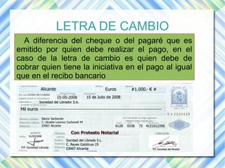 LETRA DE CAMBIO 
A diferencia del cheque o del pagaré que es 
emitido por quien debe realizar el pago, en el 
caso de la letra de cambio es quien debe de 
cobrar quien tiene la iniciativa en el pago al igual 
que en el recibo bancario 
 