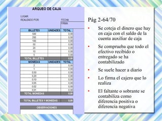 Pág 2-64/70 
 Se coteja el dinero que hay 
en caja con el saldo de la 
cuenta auxiliar de caja 
 Se comprueba que todo el 
efectivo recibido o 
entregado se ha 
contabilizado 
 Se suele hacer a diario 
 Lo firma el cajero que lo 
realiza 
 El faltante o sobrante se 
contabiliza como 
diferencia positiva o 
diferencia negativa 
 
