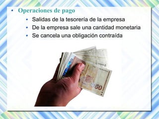 Operaciones de pago 
Salidas de la tesorería de la empresa 
De la empresa sale una cantidad monetaria 
Se cancela una obligación contraída 
 
